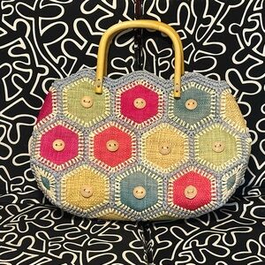 Kulanui of Hawaii Vintage Satchel Color Burlap, Wooden Buttons & Bamboo Handles